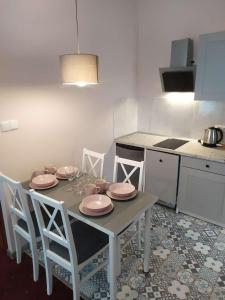eine Küche mit einem Tisch mit rosa Platten darauf in der Unterkunft Na Skraju in Duszniki-Zdrój