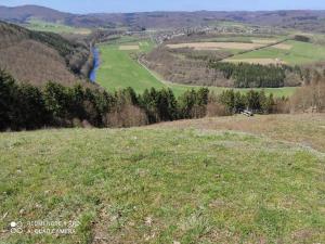 a field of green grass with a river in the distance at Ferienhaus im Ederbergland in Hatzfeld