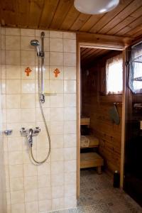 a bathroom with a shower in a cabin at Cottage Kesäranta in Kumia +29 photos