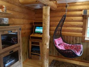 a hammock in a log cabin room with a television at Villa Georgia in Aardla