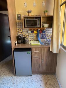 een kleine keuken met een magnetron en een koelkast bij Casa de las Palmas Guest House in Oaxaca City