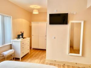 a bedroom with a mirror and a tv on the wall at Feeney's Audubon Lodge in Galway