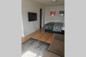 Stylish studio bungalow, close to Cardiff Centre في كارديف: غرفة نوم بسرير وتلفزيون بشاشة مسطحة