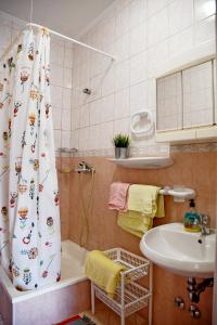 y baño con cortina de ducha y lavamanos. en apartmani Novotny plavi, en Banjol