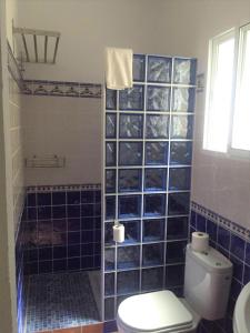 een badkamer met toilet en douche met blauwe tegels bij Casa Oliva Playa Bolonia in Tarifa