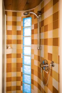 La salle de bains est pourvue d'une douche et d'une fenêtre en verre. dans l'établissement LEI Luxury Suite, à San Miniato