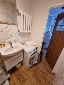 ein weißes Badezimmer mit einem Waschbecken und einem Spiegel in der Unterkunft Kawalerka blisko jeziora in Olecko