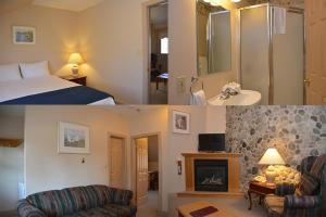 two pictures of a hotel room with a bed and a fireplace at Isaiah Tubbs Resort in Picton