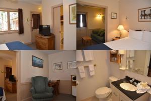 ピクトンにあるIsaiah Tubbs Resortのベッドとバスルーム付きのホテルルームの写真2枚
