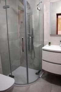 a shower with a glass door in a bathroom at Apartment Krajacic in Krk