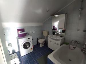 une petite salle de bains avec un lave-linge et un lavabo dans l'établissement Apartments "Mulo" beachfront, à Vrsi