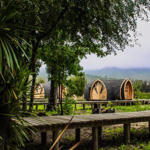 un gruppo di diversi tipi di case con panchina di Colchagua Tiny Lodge a Santa Cruz