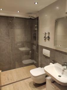 een badkamer met een douche, een toilet en een wastafel bij FeWo Holzwarth Oberammergau in Oberammergau