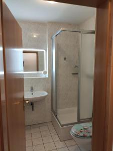 a bathroom with a shower and a sink at FeWo Holzwarth Oberammergau in Oberammergau