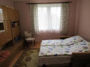 バラトネデリッチにあるHegyekre panorámás nyaraló Balatonedericsenのベッドルーム1室(ベッド1台、窓、椅子付)