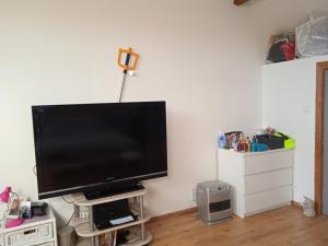 telewizor z płaskim ekranem siedzący na stojaku w pokoju w obiekcie Sweet home 2 w Charleroi