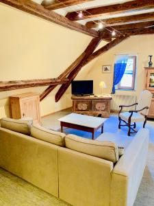 een woonkamer met een bank en een tv bij Gite "Le Muscat" à Riquewihr in Riquewihr