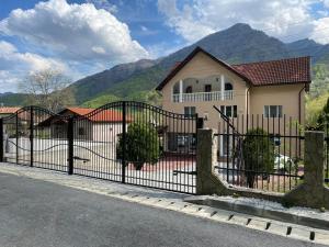 a fence in front of a house with mountains in the background at Dendy in Brezoi