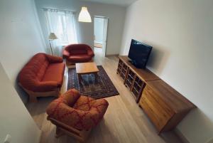 ein Wohnzimmer mit einem Sofa, einem TV und Stühlen in der Unterkunft Spacious - 140 square meters Apartment, Vilnius City Centre in Vilnius
