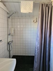 a bathroom with a shower curtain and a sink at Missionshuset Bed & Breakfast in Sandhamn