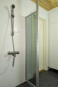 eine Dusche in einem Zimmer mit Glastür in der Unterkunft Sarahovi A in Kalajoki