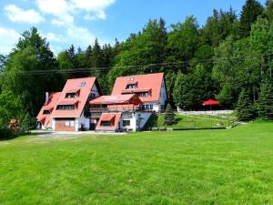 una casa grande con un campo verde delante de ella en Chata Miroslav en Lipova Lazne