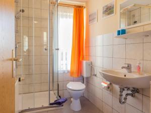 GademowにあるFerienwohnungen Bergenblickのバスルーム(トイレ、洗面台、シャワー付)