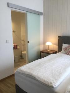 1 dormitorio con 1 cama y baño con aseo en Gästehaus Weber-Loskill, en Mehring