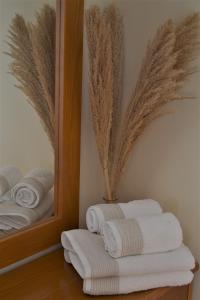 a bathroom with a mirror and white towels at Politia Villas in Karistos