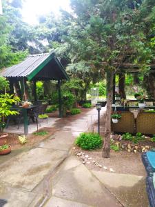 un giardino con padiglione, tavolo e albero di Joky Katona Rooms & Apartments a Palić