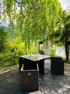 une table et deux paniers à côté d'un arbre dans l'établissement Casa Sibylle studio - piccolo paradiso, à Minusio