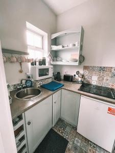uma pequena cozinha com um lavatório e um micro-ondas em St Anthonys B&B em Dungarvan