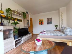 a living room with a bed and a table at Ferien-und Gästewohnung Radebeul in Radebeul