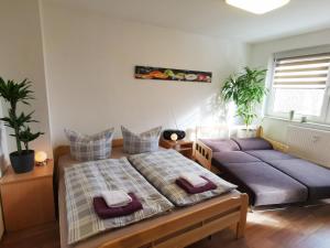 a bedroom with a bed and a couch at Ferien-und Gästewohnung Radebeul in Radebeul