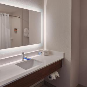 Holiday Inn Express Hotel and Suites Akron South-Airport Area, an IHG Hotel في أكرون: حمام مع حوض أبيض ومرآة