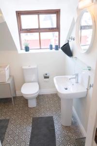 uma casa de banho com um WC, um lavatório e um espelho. em Apartments in Dingle Town Center em Dingle