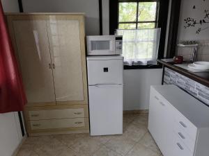 a kitchen with a microwave on top of a refrigerator at Karesz nyaralóház in Zalakaros