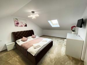 a bedroom with a bed and a television in a room at Casa Ina in Moisei