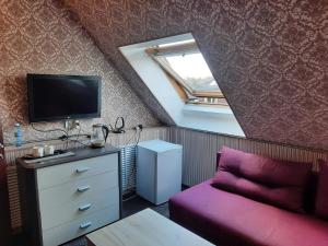 カリーニングラードにあるГОСТИНИЦА MAXIM'sのリビングルーム(紫色のソファ、テレビ付)