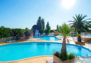 een groot zwembad met palmbomen en een fontein bij Mobile Home tout confort Sarah in Vic-la-Gardiole