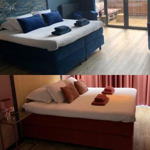 Dos camas en una habitación con toallas. en The Rock en Zandvoort