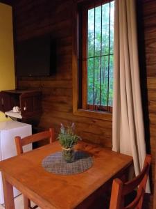 a wooden table with a potted plant on it in front of a window at Long Life Campeche-Pousada in Florianópolis