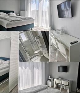 un collage de photos d'une chambre avec un lit et une table dans l'établissement Bryant - Pokoje & Apartamenty, à Władysławowo