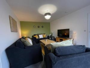 a living room with two blue couches and a television at The Old Stables 17a in Dumfries