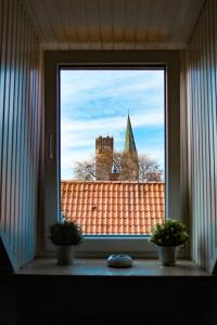 een raam met twee potplanten en een kerk bij Studio-an-der-Ilmenau in Lüneburg