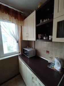 eine Küche mit einer Theke mit einer Mikrowelle und einem Fenster in der Unterkunft NoclegwGdyni24 (44m) in Gdynia