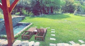 two chairs and a picnic table in a yard at La bergerie du Chêne in Omessa