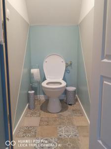 een badkamer met een toilet en 2 vuilnisbakken bij L'atelier les hortensias in Marquise