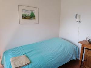 1 dormitorio con 1 cama y una foto en la pared en B&B Bij de koeien, en Tubbergen