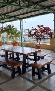 una mesa de picnic y bancos en un balcón con plantas en Hostal Solar Del Puerto, en Machala